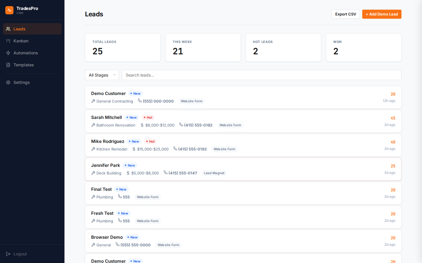TradesPro CRM — lead list view showing scored leads by trade type